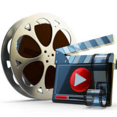 Media player and video clips production concept, film reel and clapper board with play button isolated on white background